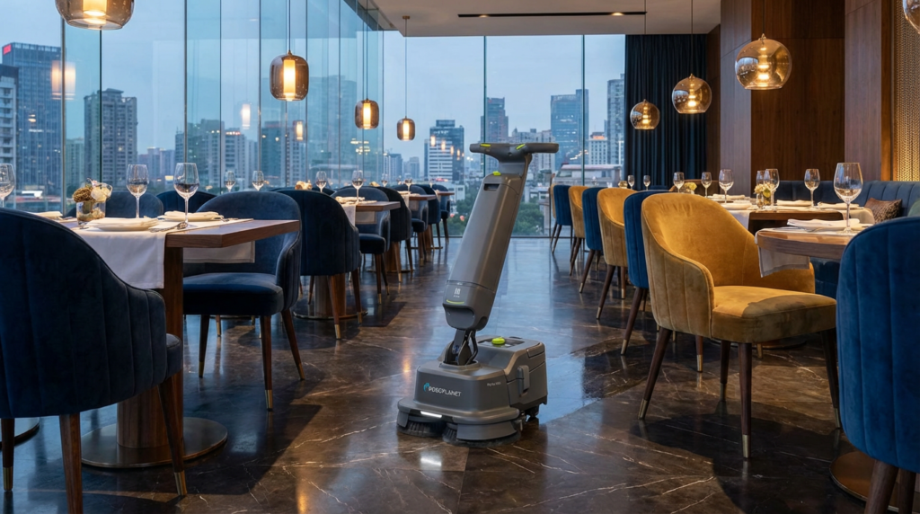 Roboter reinigt Restaurantboden bei Nacht.