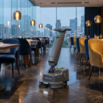 Roboter reinigt Restaurantboden bei Nacht.